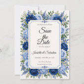 Elegante Blauwe Bloemige Bruiloft Save The Date (Voorkant)
