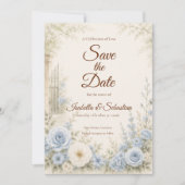 Elegante Blauwe Bloemige Bruiloft Save The Date (Voorkant)