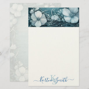 Elegante blauwe bloemige gepersonaliseerde briefpa briefpapier