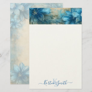 Elegante blauwe bloemige gepersonaliseerde schrijf briefpapier