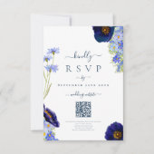 Elegante Blauwe Bloemige Huwelijksreactie QR-code RSVP Kaartje (Voorkant)