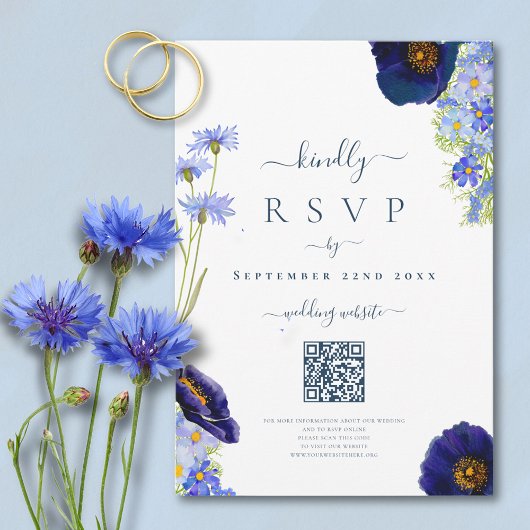 Elegante Blauwe Bloemige Huwelijksreactie QR-code RSVP Kaartje