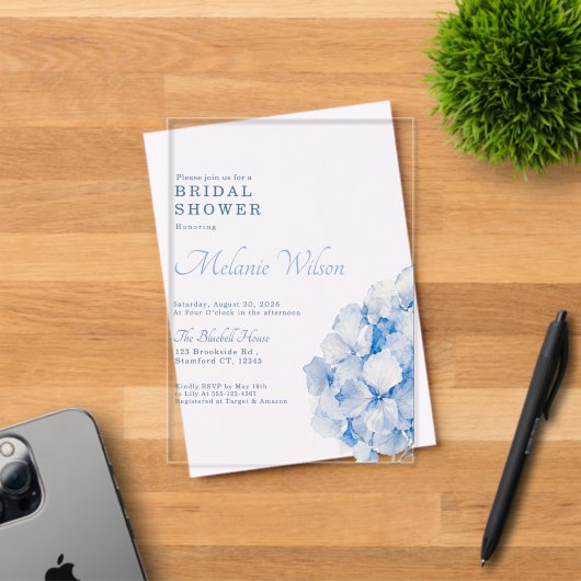 Elegante Blauwe Bloemige Hydrangea Bruidsborrel Acryl Uitnodigingen (Insitu (Uitnodiging))