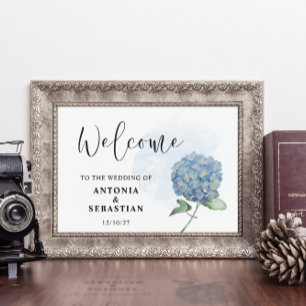 Elegante blauwe bloemige Hydrangea huwelijksbord p Poster