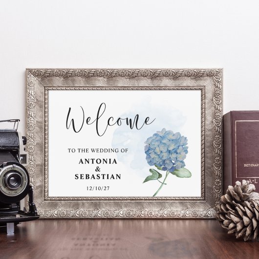Elegante blauwe bloemige Hydrangea huwelijksbord p Poster