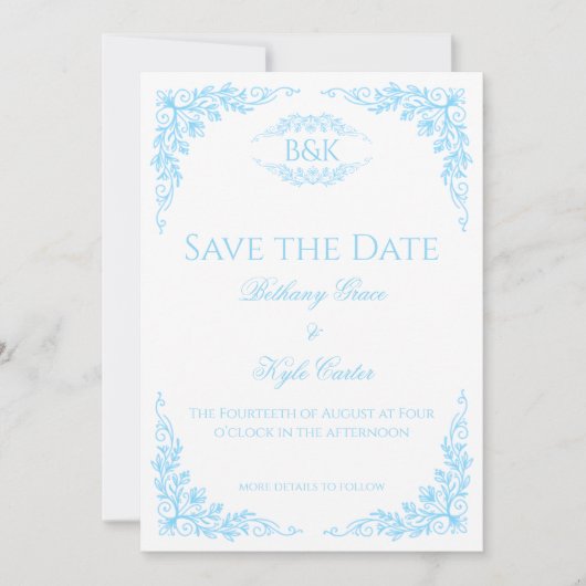Elegante Blauwe Bloemige Monogram Save The Date Ka (Voorkant)