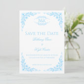 Elegante Blauwe Bloemige Monogram Save The Date Ka (Staand voorkant)