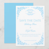 Elegante Blauwe Bloemige Monogram Save The Date Ka (Voorkant / Achterkant)