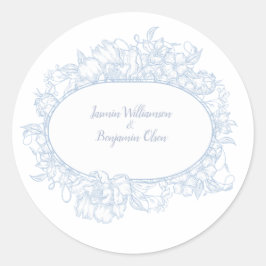 Elegante Blauwe Bloemige Open Huis Bruiloftsrecept Ronde Sticker