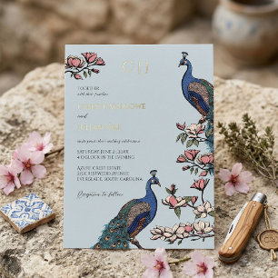 Elegante Blauwe Bloemige Pauw Bruiloft Folie Uitnodiging