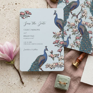 Elegante Blauwe Bloemige Pauw Trouwdag Save The Date
