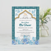 Elegante Blauwe Bloemige Ramadan Iftar Uitnodiging (Staand voorkant)