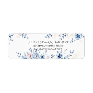 Elegante blauwe bloemige retouradreslabels etiket
