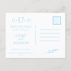 Elegante Blauwe Bloemige Save the Date-ansichtkaar Uitnodiging Briefkaart