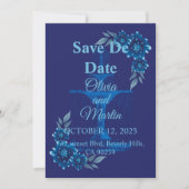Elegante Blauwe Bloemige Save the Date Kaart (Voorkant)