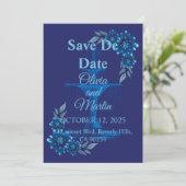 Elegante Blauwe Bloemige Save the Date Kaart (Staand voorkant)