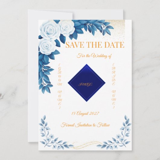Elegante Blauwe Bloemige Save the Date Kaart (Voorkant)