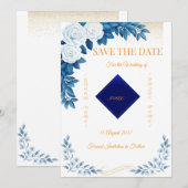 Elegante Blauwe Bloemige Save the Date Kaart (Voorkant / Achterkant)