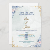 Elegante Blauwe Bloemige 'Save the Date'-kaart Kaart (Voorkant / Achterkant)