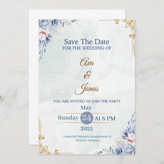 Elegante Blauwe Bloemige 'Save the Date'-kaart Kaart (Voorkant / Achterkant)