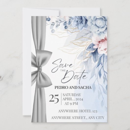 Elegante Blauwe Bloemige Save The Date Kaart met Z (Voorkant)