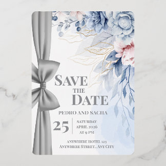 Elegante Blauwe Bloemige Save The Date Trouwkaart Folie Uitnodiging