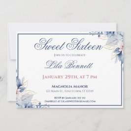 Elegante blauwe bloemige Sweet 16 uitnodiging