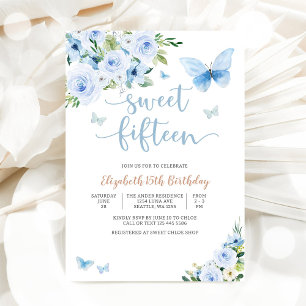 Elegante Blauwe Bloemige Sweet Fifteen Kaart