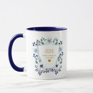 Elegante Blauwe Bloemige Trouw & Gouden Jubileum Mok