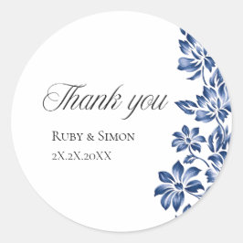 Elegante Blauwe Bloemige Trouw Ronde Sticker