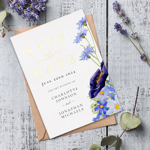 Elegante Blauwe Bloemige Trouw Save The Date Goud Folie Uitnodiging