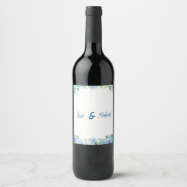Elegante Blauwe Bloemige Trouw Wijn Etiket