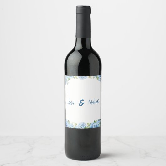 Elegante Blauwe Bloemige Trouw Wijn Etiket (Voorkant)