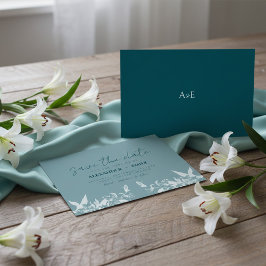 Elegante Blauwe Bloemige Trouwkaart 'Save the Date RSVP Kaartje