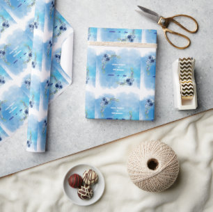 Elegante Blauwe Bloemige Trouwuitnodiging Cadeaupapier