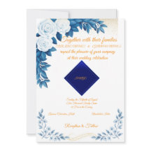 Elegante blauwe bloemige trouwuitnodiging op wit