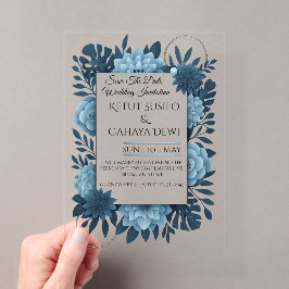 Elegante blauwe bloemige trouwuitnodiging template acryl uitnodigingen