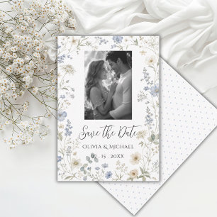 Elegante Blauwe Bloemige Veldbloemen Foto Save The Date