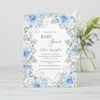 Elegante Blauwe Bloemige Vintage Baby Shower Kaart