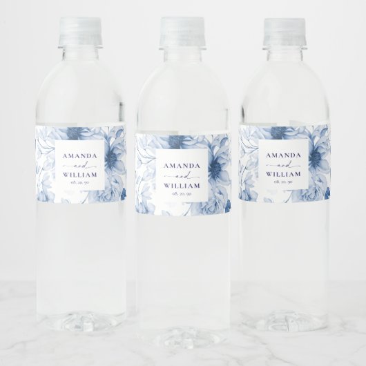 Elegante blauwe bloemige waterfleslabels voor trou waterfles etiket (Flessen)