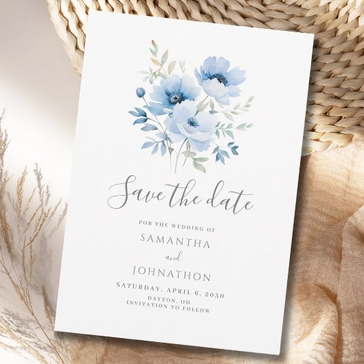 Elegante Blauwe Bloemige Waterverf Bruiloft Save The Date