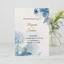 Elegante blauwe bloemige waterverf trouwuitnodigin