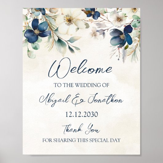 Elegante Blauwe Bloemige Winter Bruiloft Welkom Poster (Voorkant)