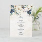 Elegante Blauwe Bloemige Winter Bruiloftsmenu Menu (Staand voorkant)