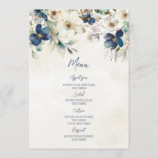 Elegante Blauwe Bloemige Winter Bruiloftsmenu Menu (Voorkant)