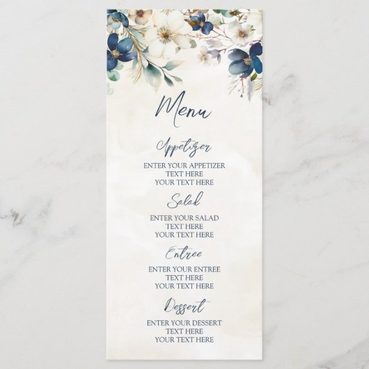 Elegante Blauwe Bloemige Winter Bruiloftsmenu Menu (Voorkant)