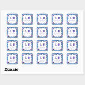 Elegante blauwe bloeminitialen vierkante sticker (Vel)