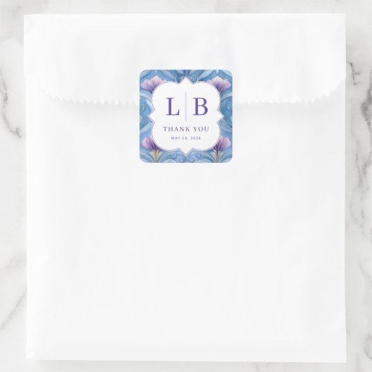 Elegante blauwe bloeminitialen vierkante sticker (Tas)