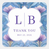 Elegante blauwe bloeminitialen vierkante sticker (Voorkant)