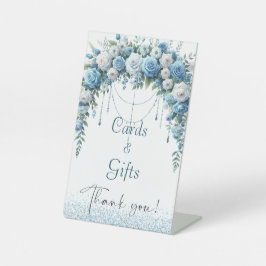 Elegante Blauwe Bloemkruis Doop Reclamebord Met Voetstuk